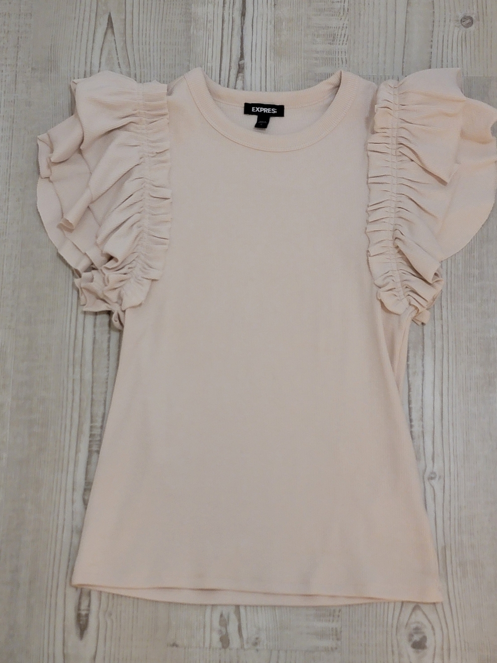 Express Cream Ruffle Short Sleeve Ribbed Tee Small Coquette Balletcore Feminine
